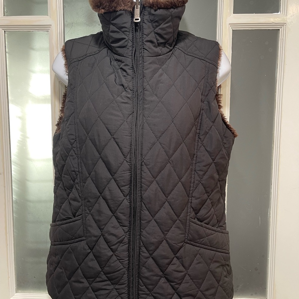 Weatherproof Quilted reversible Black Vest with brown faux fur